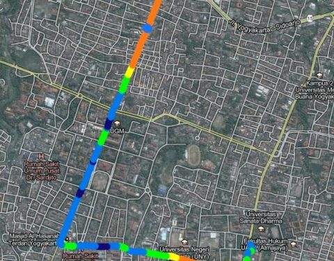 Rx Level tracking drive test signal Indosat dari Jogja Plaza Hotel - UGM - Jl. Kaliurang